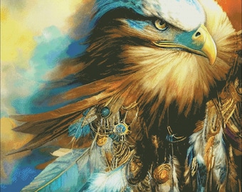 Bald Eagle with dream catcher feathers  counted cross stitch pattern digital pdf
