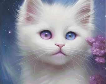 White Kitten Cross Stitch Pattern: Purple Flowers (Digital PDF)