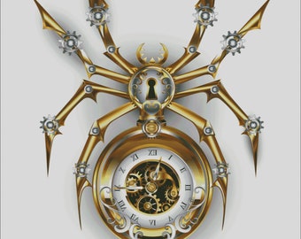 Steampunk style clock gears spider counted cross stitch pattern digital pdf