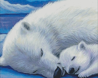 Polar bear bears mom cub northern lights alaska counted cross stitch pattern pdf