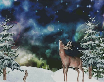Whitetail buck deer aurora borealis northern lights winter holiday counted cross stitch pattern PDF