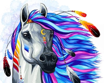 Abstract neon horse with feathers watercolor counted cross stitch pattern PDF