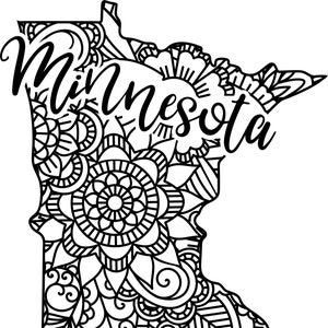 May include: Black and white graphic of the state of Minnesota, filled with a detailed mandala design. The word "Minnesota" is written in a cursive font across the top of the state outline. The design is intricate and suitable for crafts.