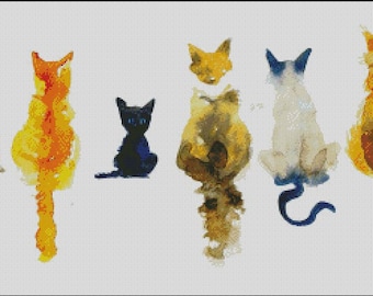 Colorful watercolor cats kitten counted cross stitch pattern PDF