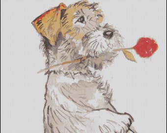 Jack Russell Terrier rough coat with rose counted cross stitch pattern PDF