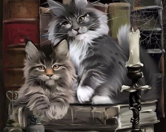 Maine Coon cats library books animal counted cross stitch pattern digital pdf