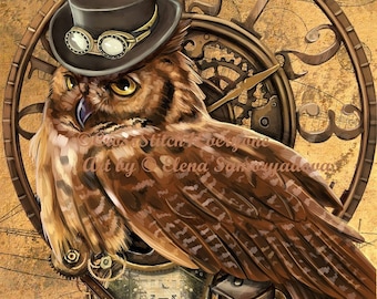 Steampunk owl gear hat glasses clock counted cross stitch pattern digital delivery pdf