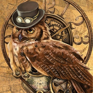 Steampunk owl gear hat glasses clock counted cross stitch pattern digital delivery pdf
