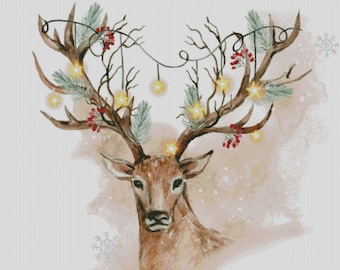 Deer Stag christmas lights antlers holiday counted cross stitch pattern digital delivery pdf