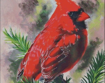 Male Northern Cardinal bird on a spruce limb counted cross stitch pattern pdf