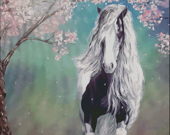 Gypsy Vanner draft horse cherry tree blossoms counted cross stitch pattern PDF