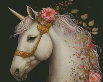 White Unicorn with floral accents counted cross stitch pattern digital pdf download