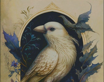 White Raven bird with floral accents counted cross stitch pattern digital pdf download