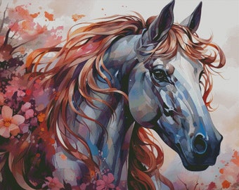 Grey Horse with flowing mane in autumn colors counted cross stitch pattern digital pdf