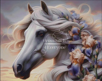 A white horse with irish flowers sunset background counted cross stitch pattern digital pdf