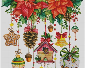 Christmas Wreath with holiday items counted cross stitch pattern PDF