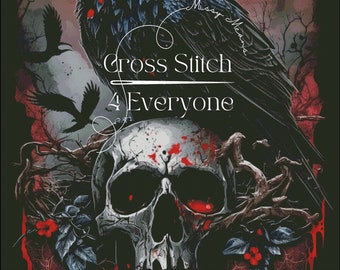 Raven and gothic skull fantasy counted cross stitch pattern digital pdf