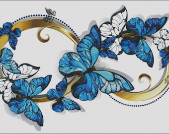 Blue morpho butterflies infinity symbol with counted cross stitch pattern digital pdf