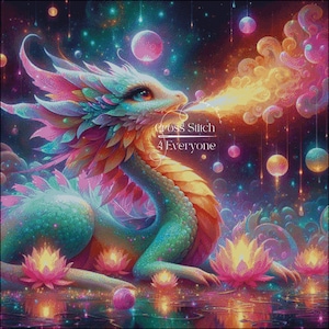 Puede incluir: Un vibrante dragón verde con escamas rosas y naranjas exhala fuego en un entorno de fantasía. El dragón está rodeado de orbes brillantes y flores de loto, creando una atmósfera mágica.