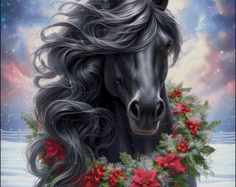 Black Horse Poinsettia Wreath Cross Stitch Pattern (Digital PDF)