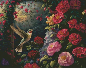Hummingbird and roses scenery counted cross stitch pattern digital pdf