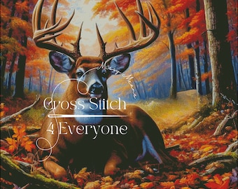 A whitetail buck deer among autumn colors and timber counted cross stitch pattern digital pdf