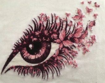 Eye long lashes pink butterflies fantasy counted cross stitch pattern