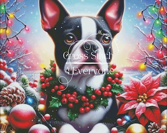 A festive boston terrier dog christmas winter holiday counted cross stitch pattern digital pdf