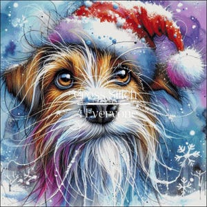 Könnte beinhalten: Ein Kreuzstichmuster mit einem zotteligen Hund, der eine rot-weiße Weihnachtsmütze trägt, vor einem blauen, verschneiten Hintergrund mit Schneeflocken. Das Bild enthält den Text Cross Stitch 4Everyone in weißer Schrift.