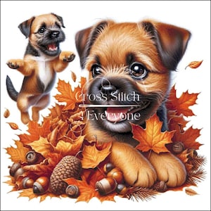BORDER TERRIER puppies in autumn leaves Cross Stitch Pattern:  (Digital PDF)