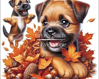 BORDER TERRIER puppies in autumn leaves Cross Stitch Pattern:  (Digital PDF)