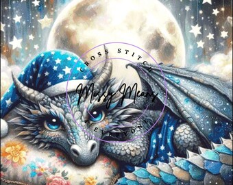 Whimsical Dragon and Moon Cross Stitch Pattern (Digital PDF) - Sue Richter Art