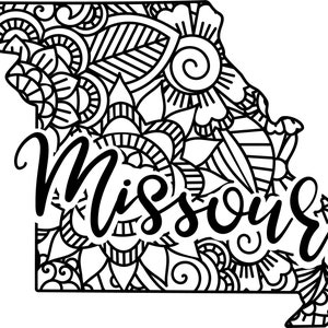 May include: Black and white illustration of the state of Missouri, filled with intricate floral and geometric patterns. The word "Missouri" is written in a cursive font across the center of the design.