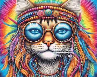 Hippie Cat Cross Stitch Pattern: Groovy Colorful Design (Digital PDF)