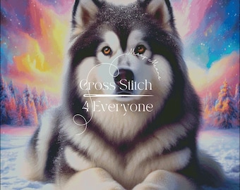 Alaskan malamute dog winter scene counted cross stitch pattern digital pdf