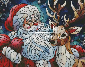 Santa & Deer Stained Glass Cross Stitch Pattern (Digital PDF)