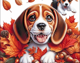 Beagle puppies in autumn leaves Cross Stitch Pattern:  (Digital PDF)