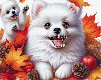 MALTIPOM MIX puppies in autumn leaves Cross Stitch Pattern:  (Digital PDF)