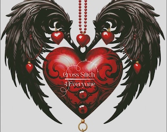 A goth heart with feathers counted cross stitch pattern digital pdf