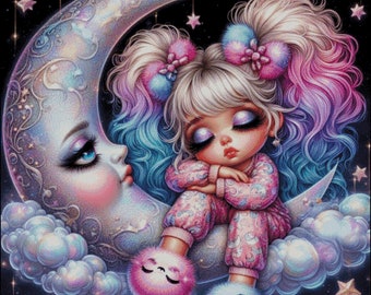 Moon and Girl Counted Cross Stitch Pattern: Whimsical Ai Art (Digital PDF)
