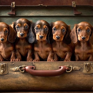 Dachshund puppies in vintage suitcase counted cross stitch pattern digital pdf download