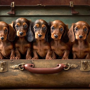 May include: Five brown and tan dachshund puppies sit inside an old, worn, brown suitcase with brass clasps. The puppies are looking at the camera.