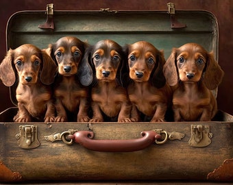 Dachshund puppies in vintage suitcase counted cross stitch pattern digital pdf download