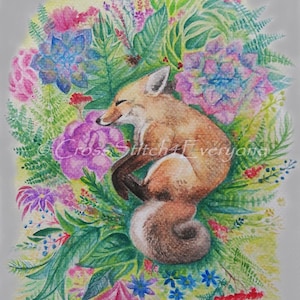 A Red Fox watercolor flowers wildlife animal counted cross stitch pattern PDF