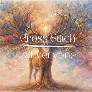Könnte beinhalten: Ein künstlerisches Bild mit einem Hirsch vor einem Baum mit großem Geweih. Der Baum ist von einem farbenfrohen, galaxieartigen Hintergrund umgeben. Der Text lautet "Cross Stitch 4 Everyone" mit den Worten "Missy Means" in Kursivschrift.