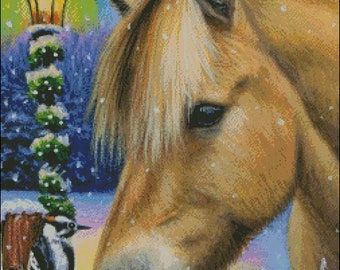 Norwegian Fjord Horse with downy woodpecker winter counted cross stitch pattern PDF
