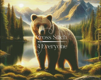 A grizzly bear in a pretty mountain landscape counted cross stitch pattern digital pdf