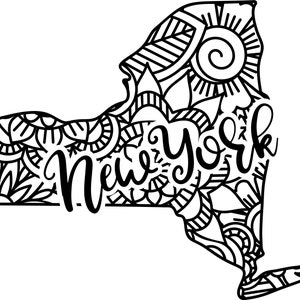 May include: A black and white illustration of the state of New York with a decorative pattern and the word "New York" written in a stylized font.