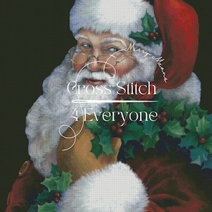 May include: A close-up of Santa Claus wearing a red suit, white beard, and a white fur-trimmed hat. He is holding a sack of gifts and looking at the viewer with a smile. The text "Merry Means Cross Stitch 4 Everyone" is visible in the image.