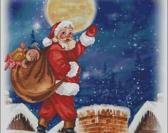Santa Claus on the roof christmas holiday counted cross stitch pattern PDF